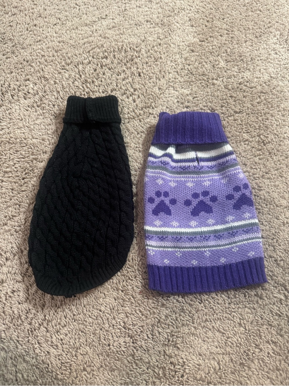 Pair of Knit Dog Sweaters - Black & Purple Paw Print
